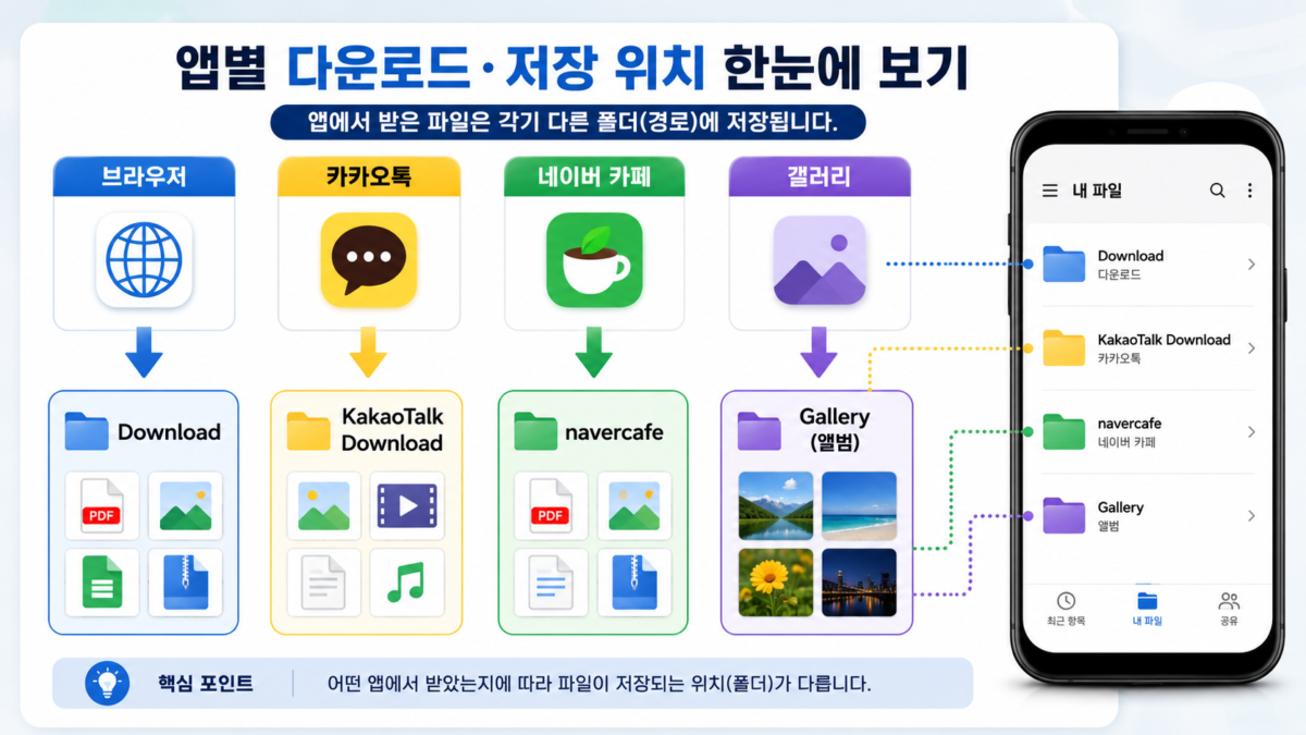 앱별 다운로드 저장 위치 비교