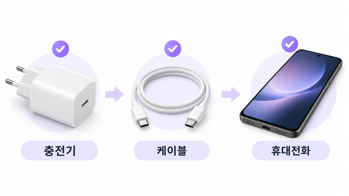 충전기와 케이블 교차 확인