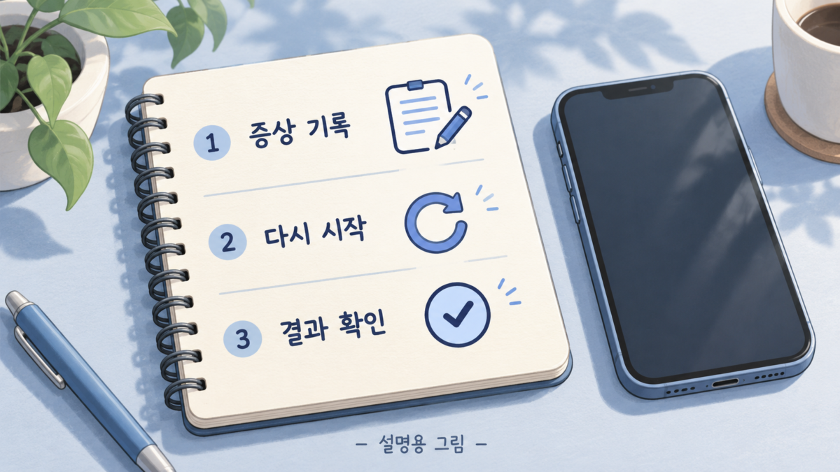 증상 기록과 다시 시작 후 확인 순서
